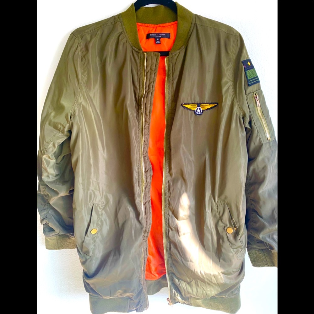 Army green mid length bomber jacket